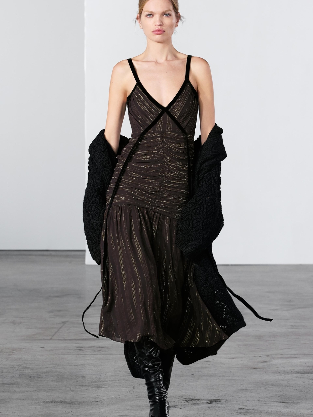 NWT Zara Black Midi Slip Dress with Subtle Gold Thread